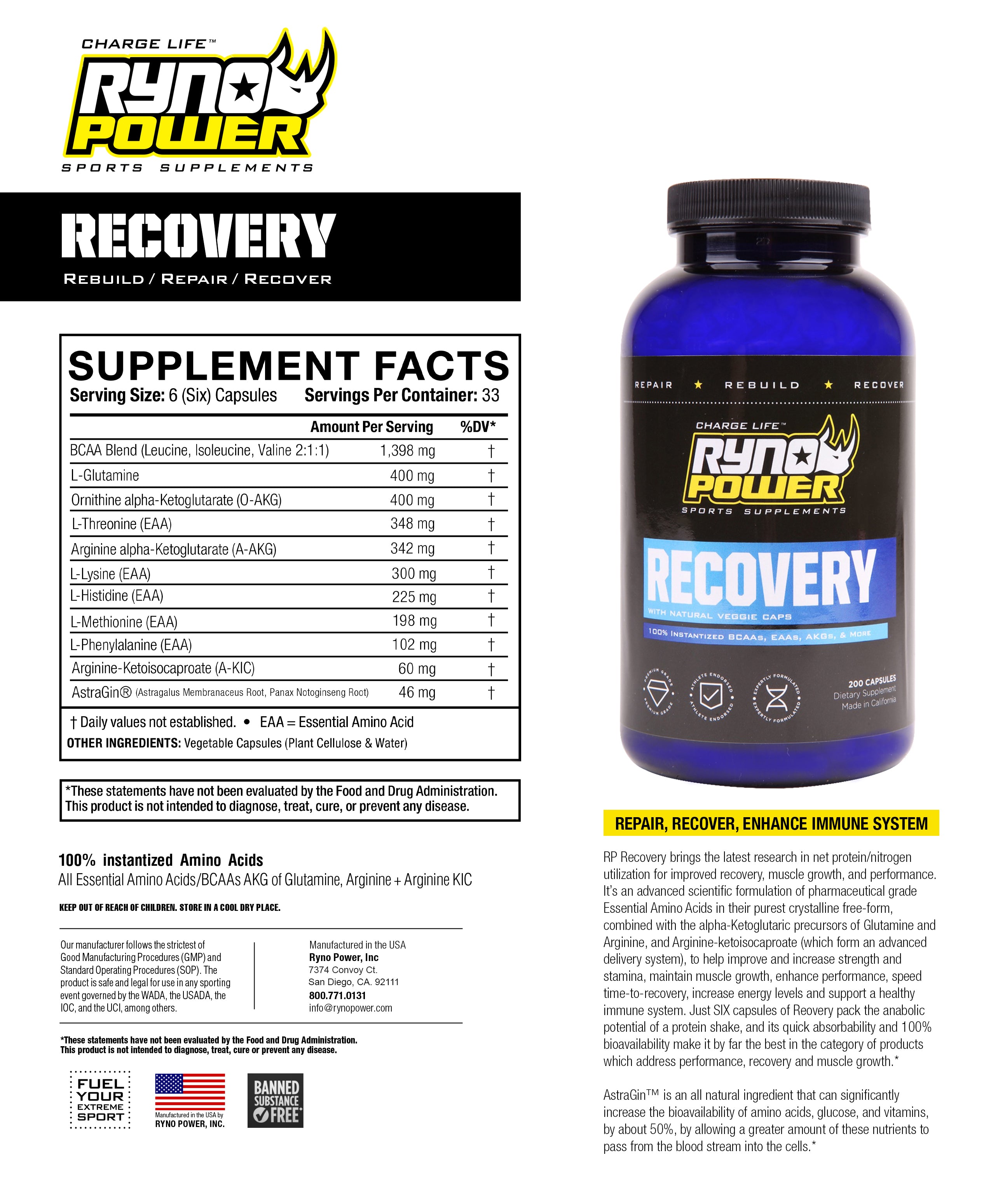 RECOVERY Post-Workout Supplement | 33 Servings (200 Capsules)